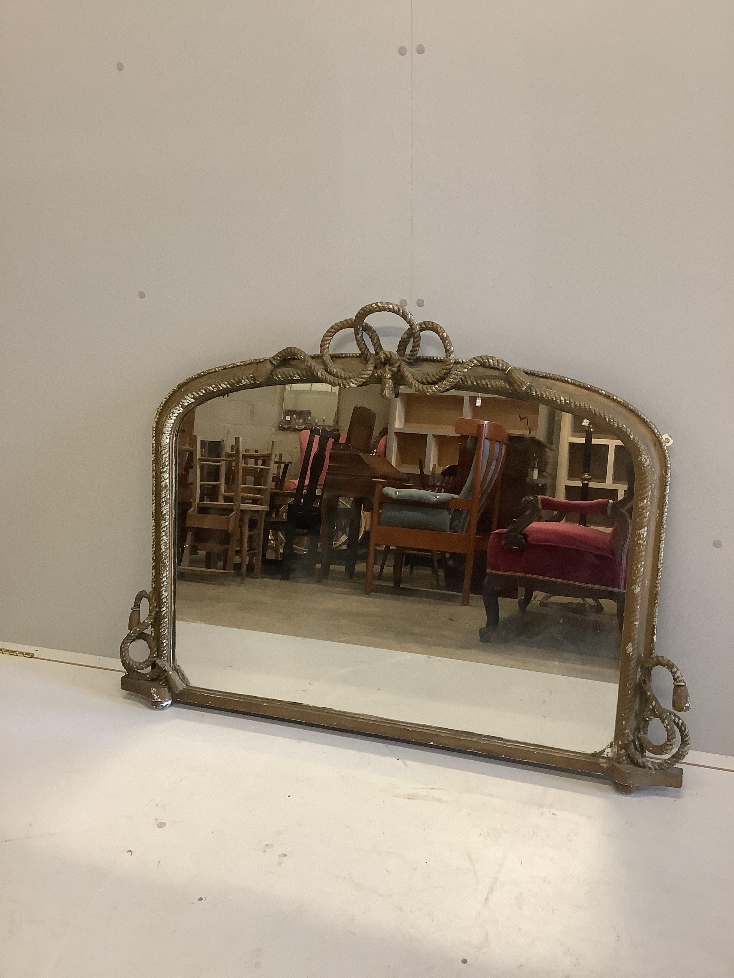 A Victorian giltwood and composition overmantel mirror with rope twist pediment, width 122cm, height 90cm